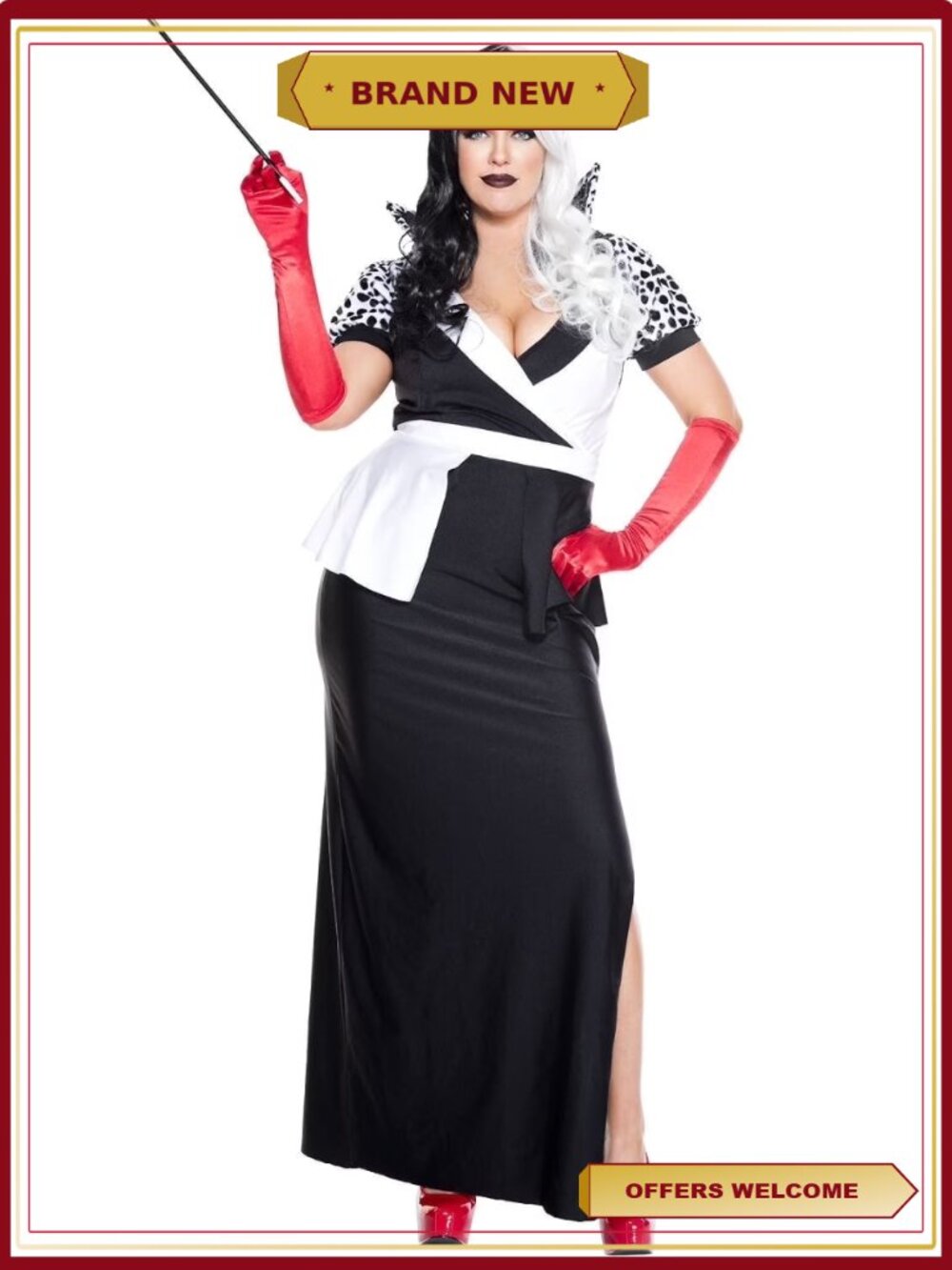 Plus Size Dalmatian Print Dress Costume, Satin Gloves & Cigarette Holder
